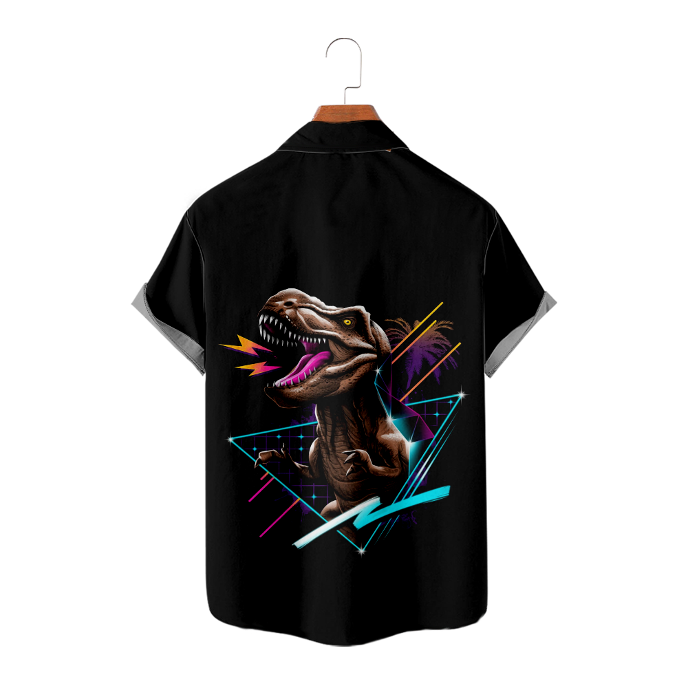 Dinosaur Button Up Shirt Summer Shirt Men's Short Sleeves Straight Collar