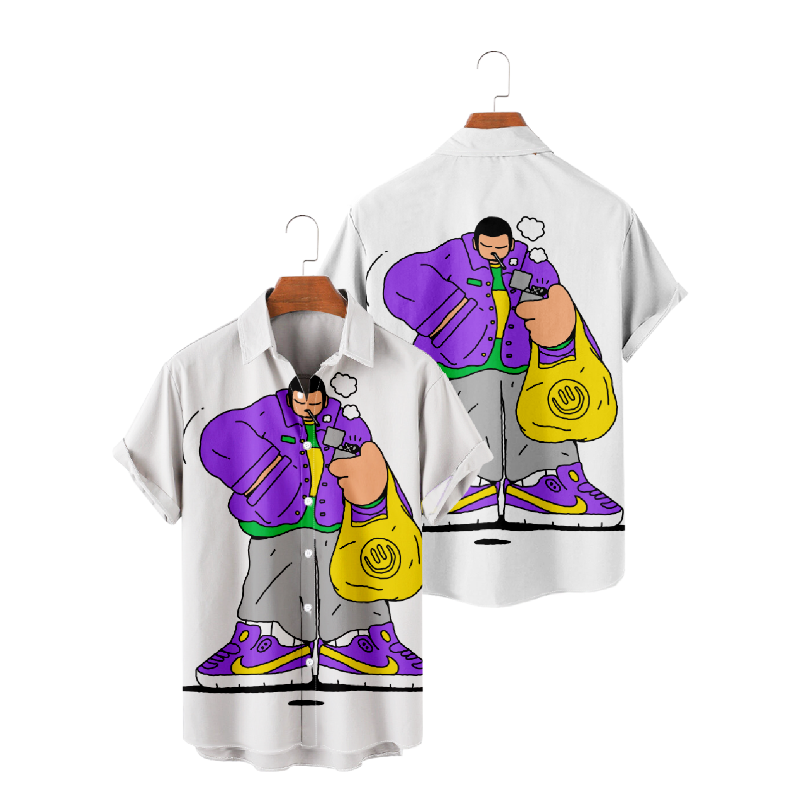 Allover Print Illustration Short Sleeve Shirt Men's Character Print Button Up Hawaiian Shirt