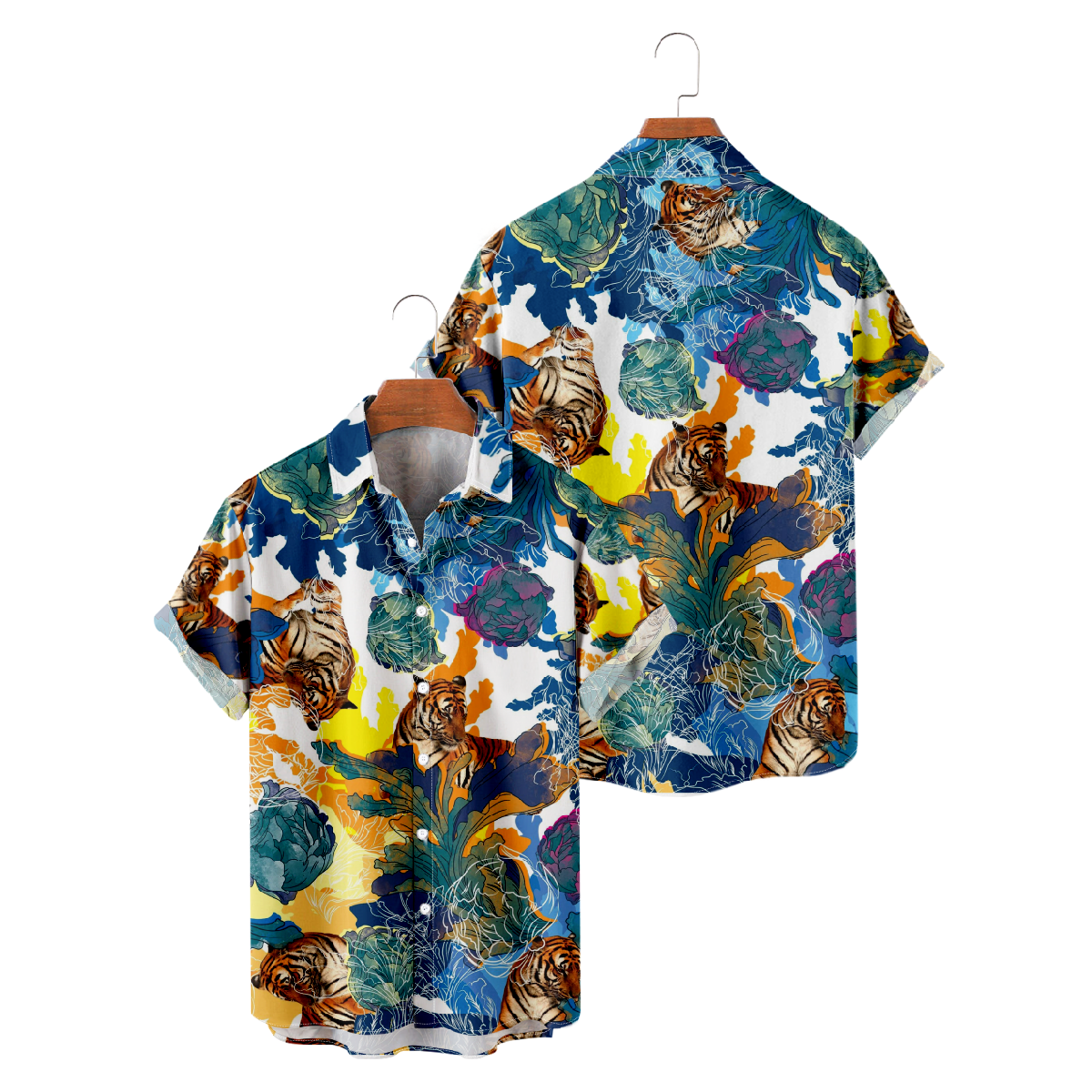 Tiger and Flower Graphic Print Button Up Shirt Men's Short Sleeve Shirt Casual Shirt