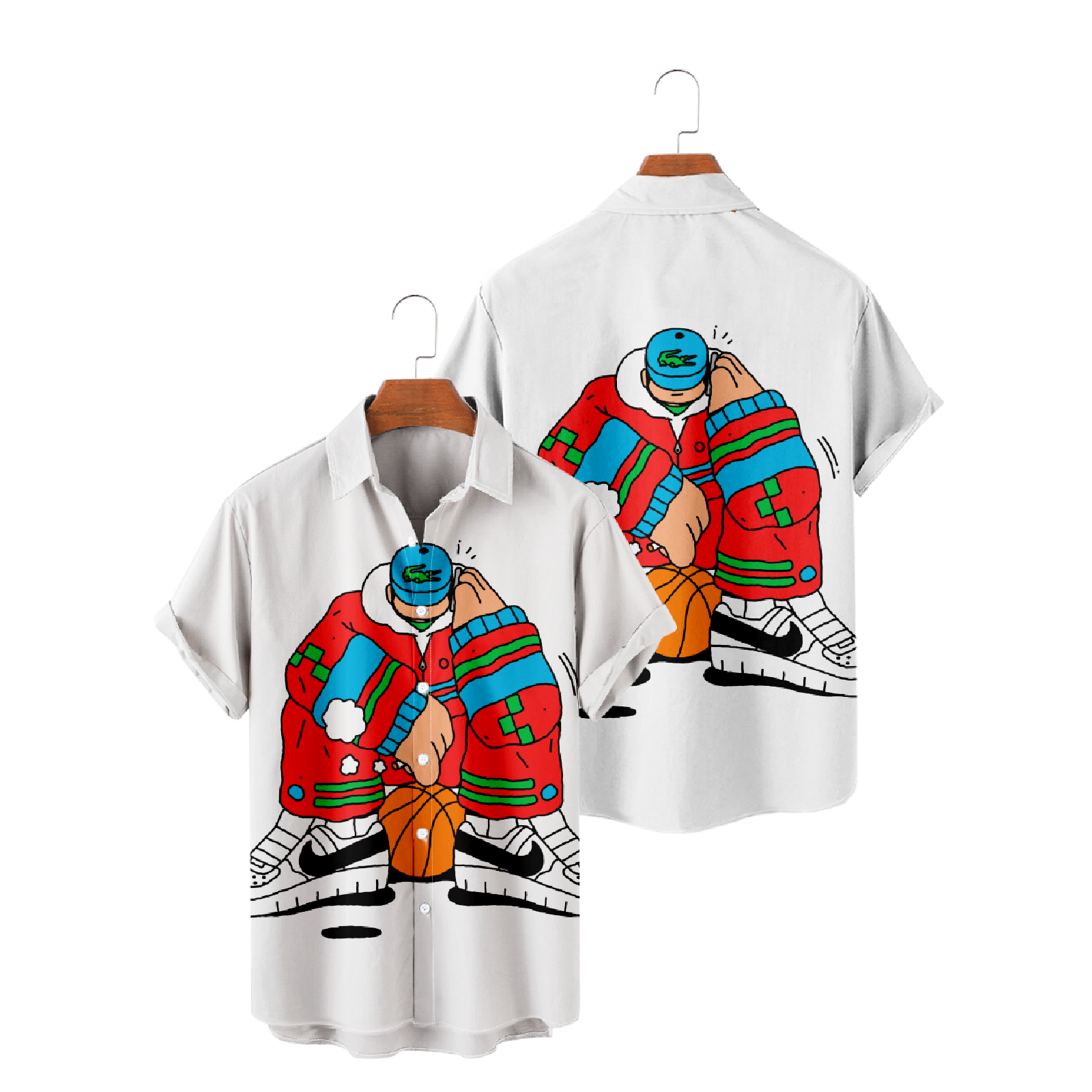 Allover Print Illustration Short Sleeve Shirt Men's Character Print Button Up Hawaiian Shirt