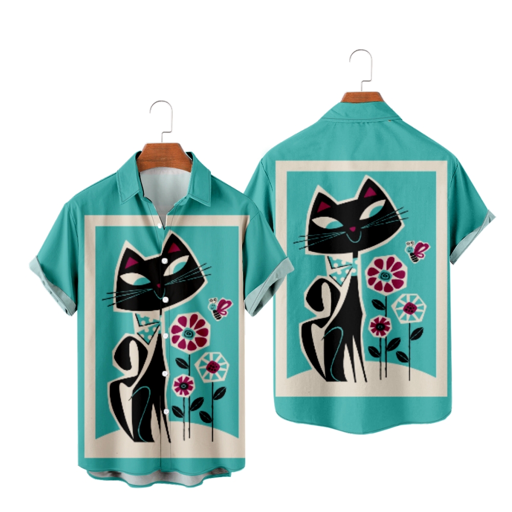 Kitty Cat Cartoon Button Up Shirt Men's Short Sleeves Casual Tops