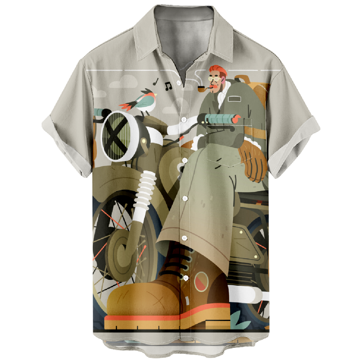 Motorcycle Men Button Shirt Short Sleeve Allover Print Tops Summer Casual Shirt