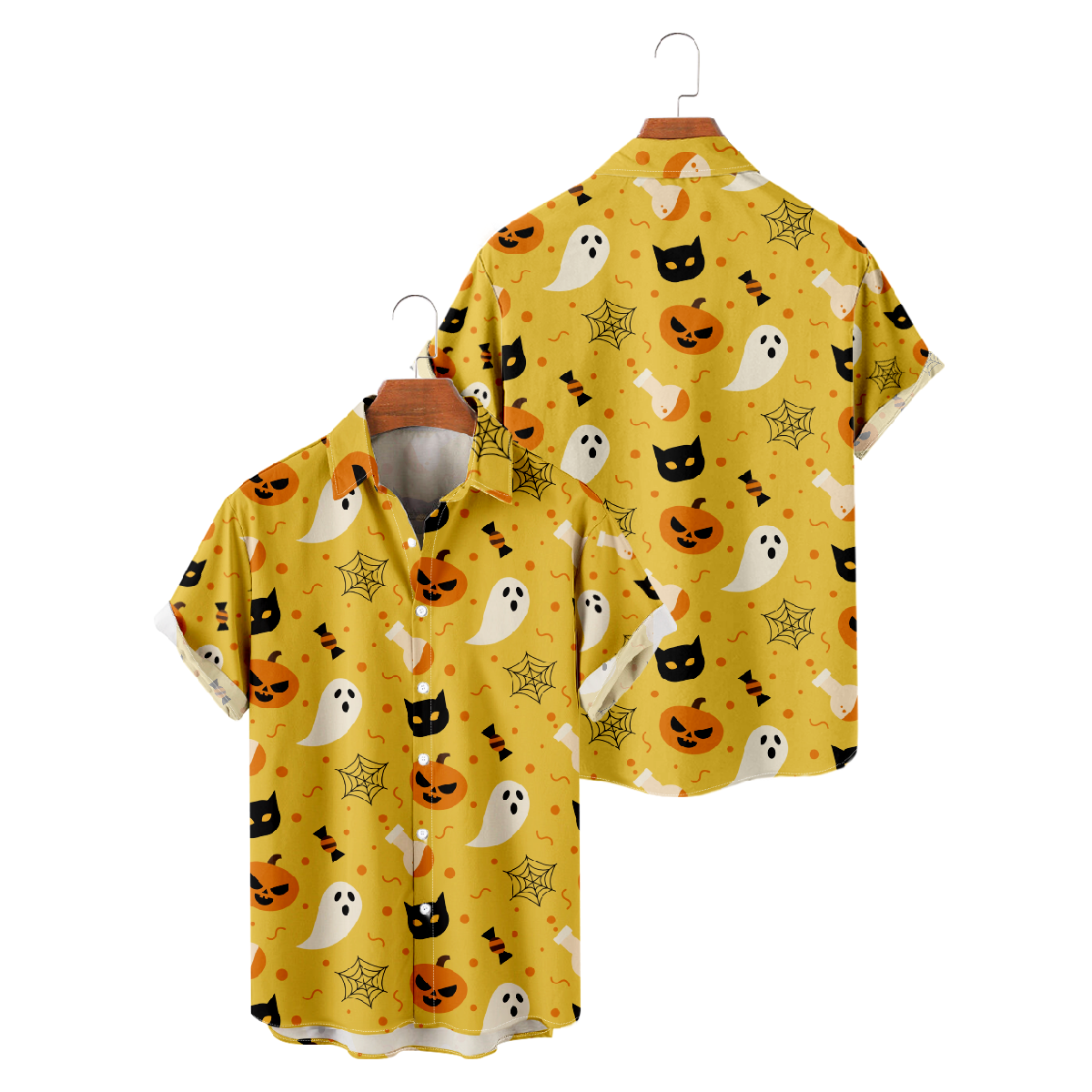 Halloween Button Up Shirt Men's Hawaiian Shirt Short Sleeve Yellow Top