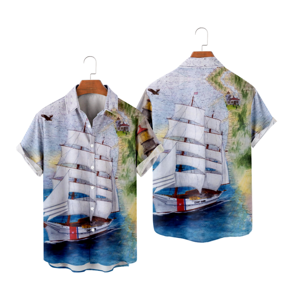 Sailboat Short Sleeves Summer Shirt Straight Collar Button Up Shirt