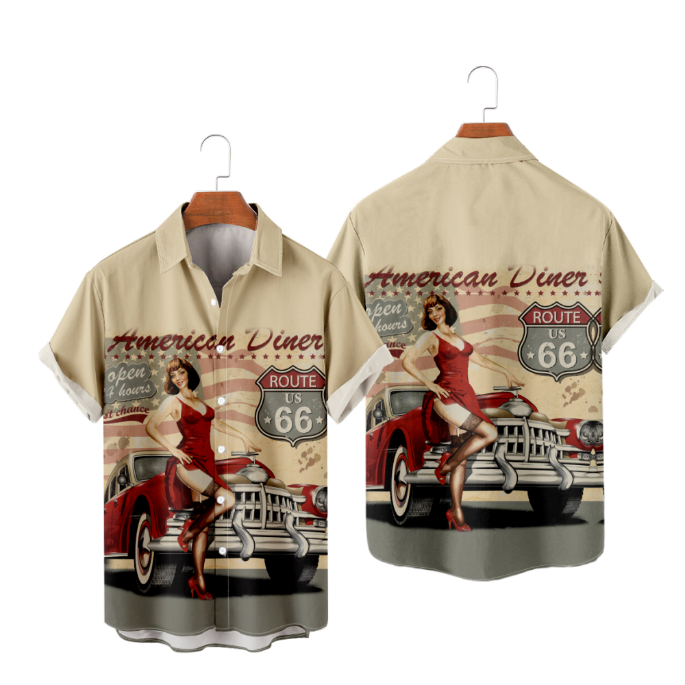 Route 66 American Diner Button Up Shirt Men's Short Sleeves Vintage Shirt Regular Fit