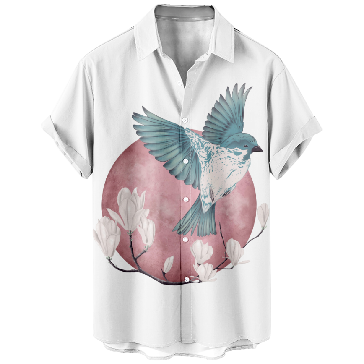 Men's Bird and Moon Print Short Sleeve Shirt Summer Button Tops