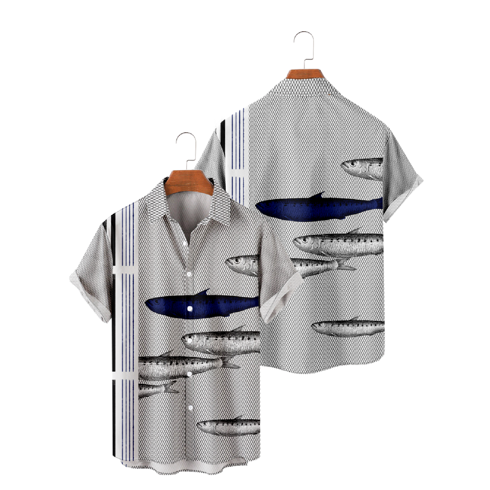 Striped Fish Mesh Hawaiian Shirt Men's Button Up Short Sleeve Summer Tops