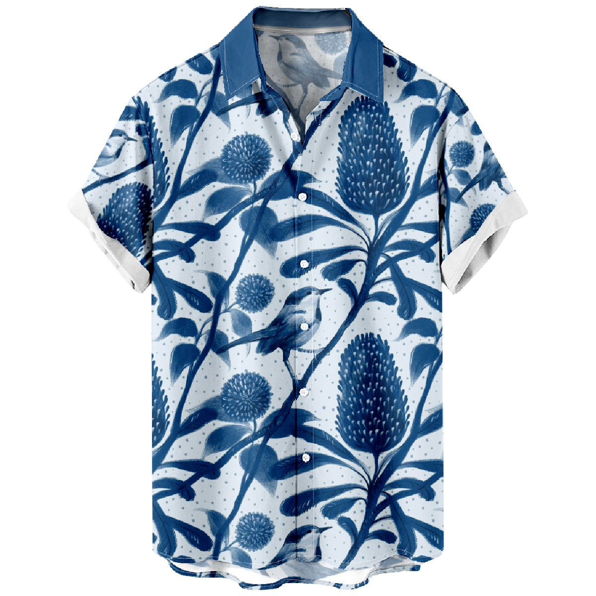 Men's Floral Bird Print Short Sleeve Shirt Summer Button Tops