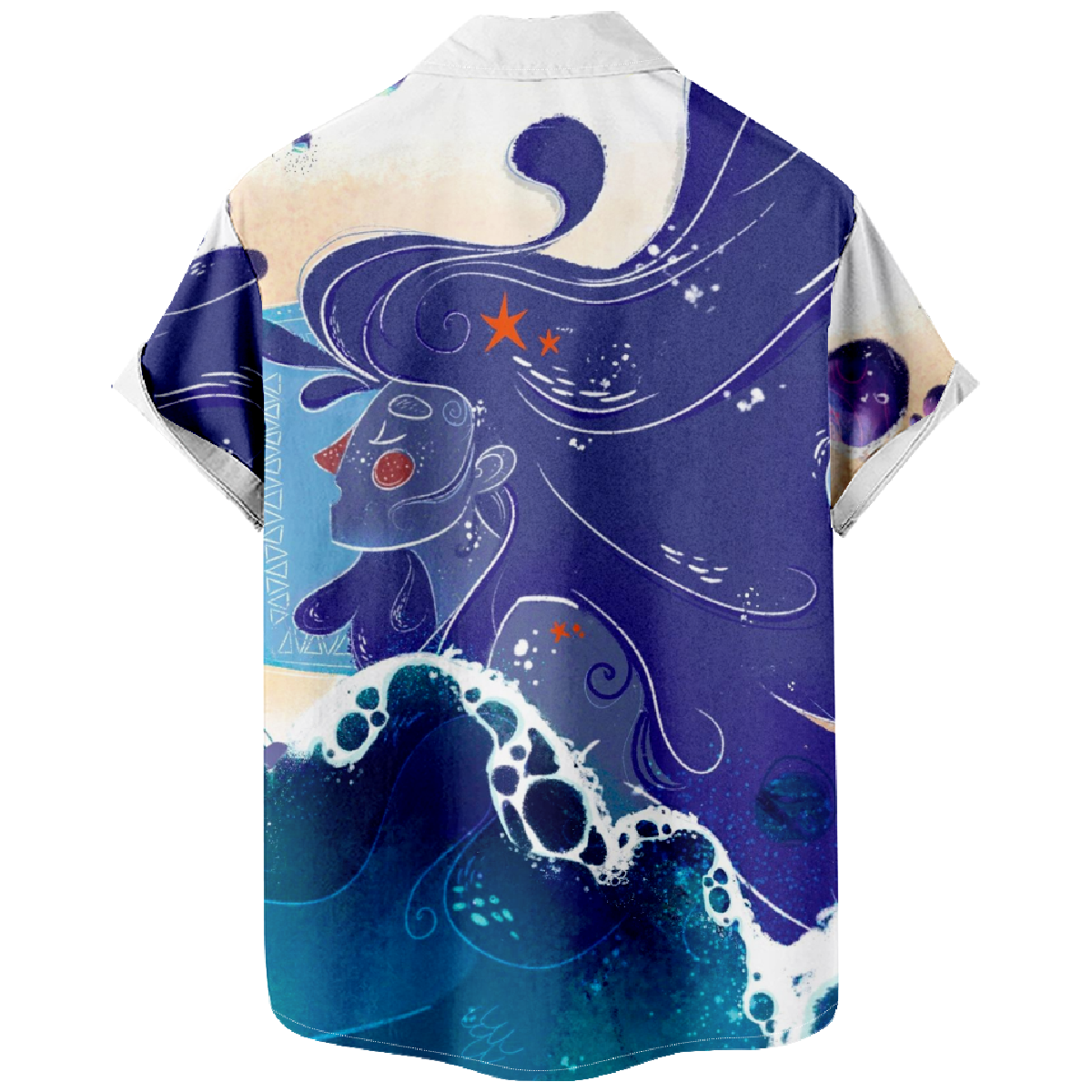 Mermaid Ocean Waves Print Short Sleeve Shirt Men's Straight Collar Button Shirt Summer Tops