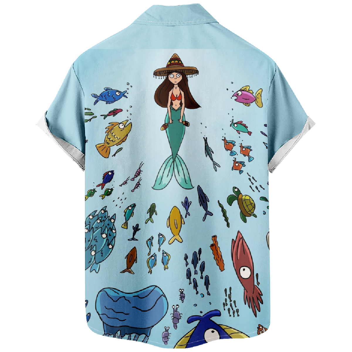 Mermaid Print Short Sleeve Shirt Men's Straight Collar Button Shirt Summer Tops