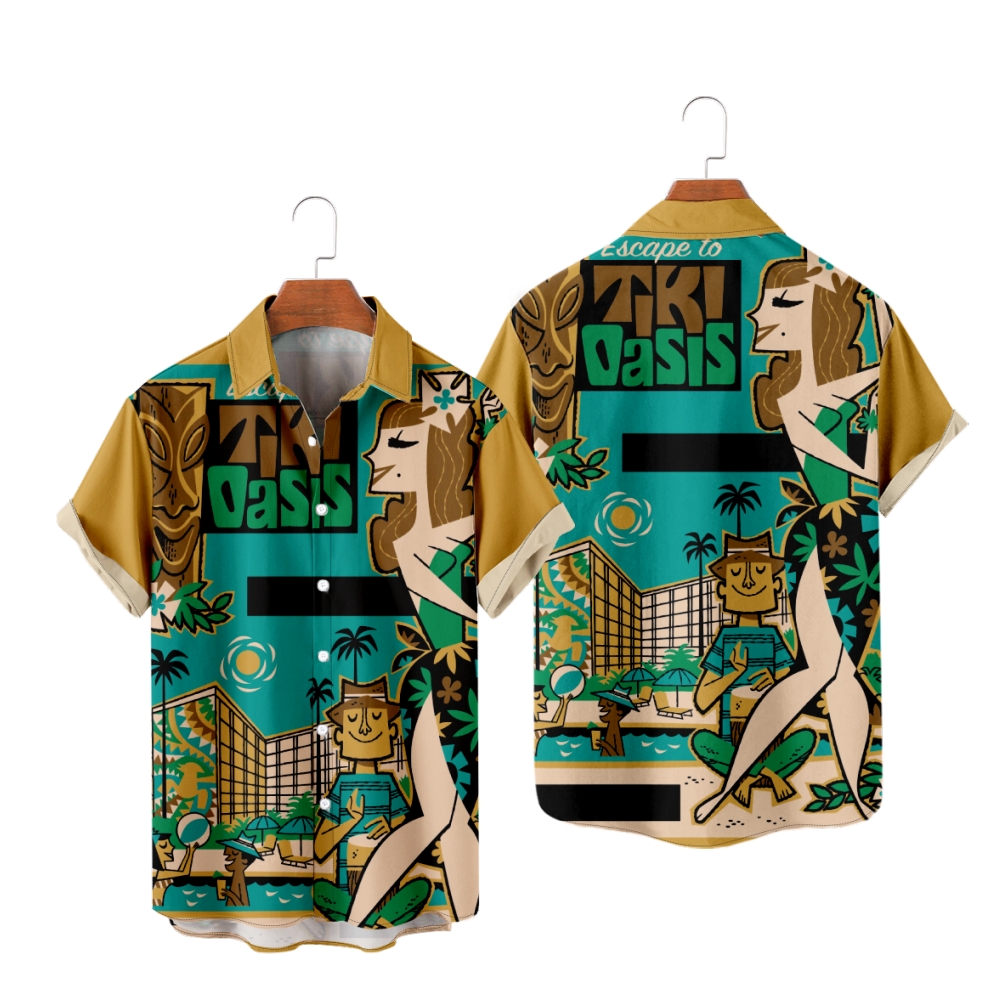 Tiki Button Up Shirt Men's Short Sleeves Resort Shirt Straight Collar Regular Fit