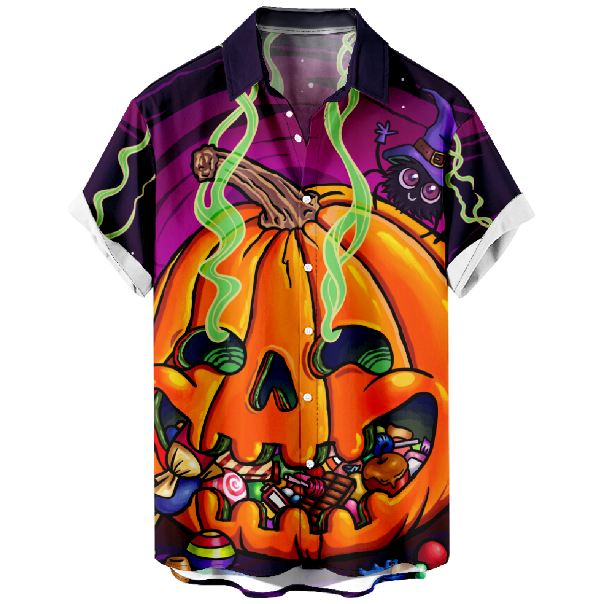 Jack O' Lantern Button Up Shirt Men's Halloween Shirt Short Sleeve Shirt