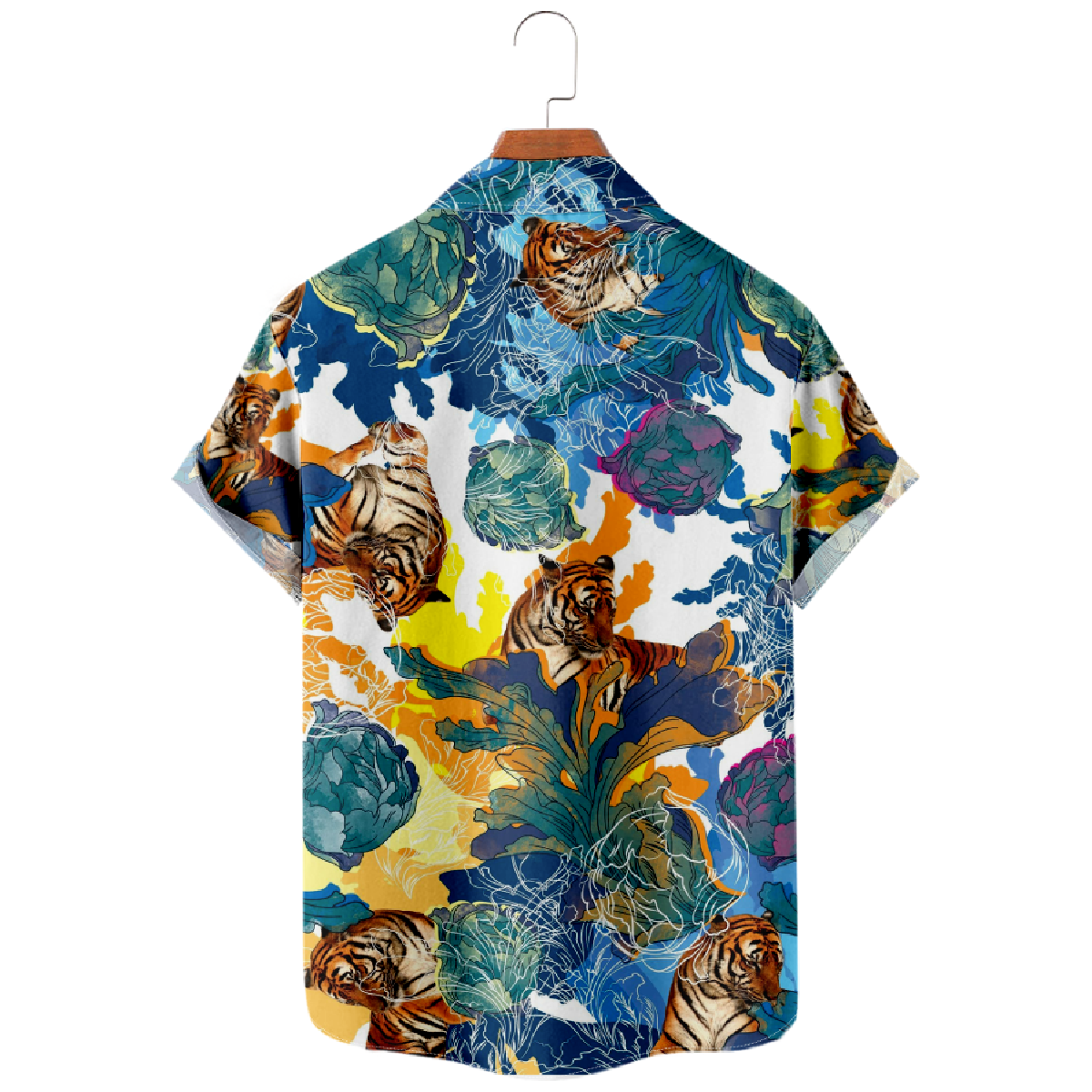 Tiger and Flower Graphic Print Button Up Shirt Men's Short Sleeve Shirt Casual Shirt