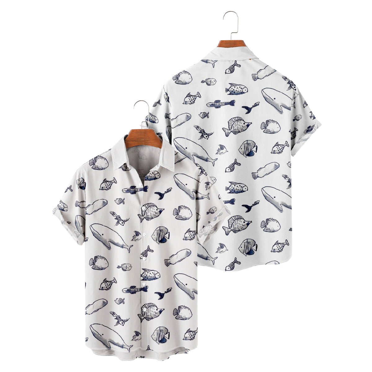 Mens Fish Drawing Print Short-Sleeve Shirt Button Up Casual Shirt