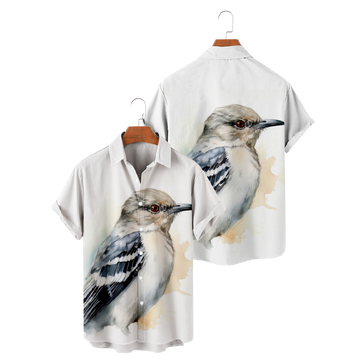 Men's Mockingbird Print Short Sleeve Shirt Summer Button Tops