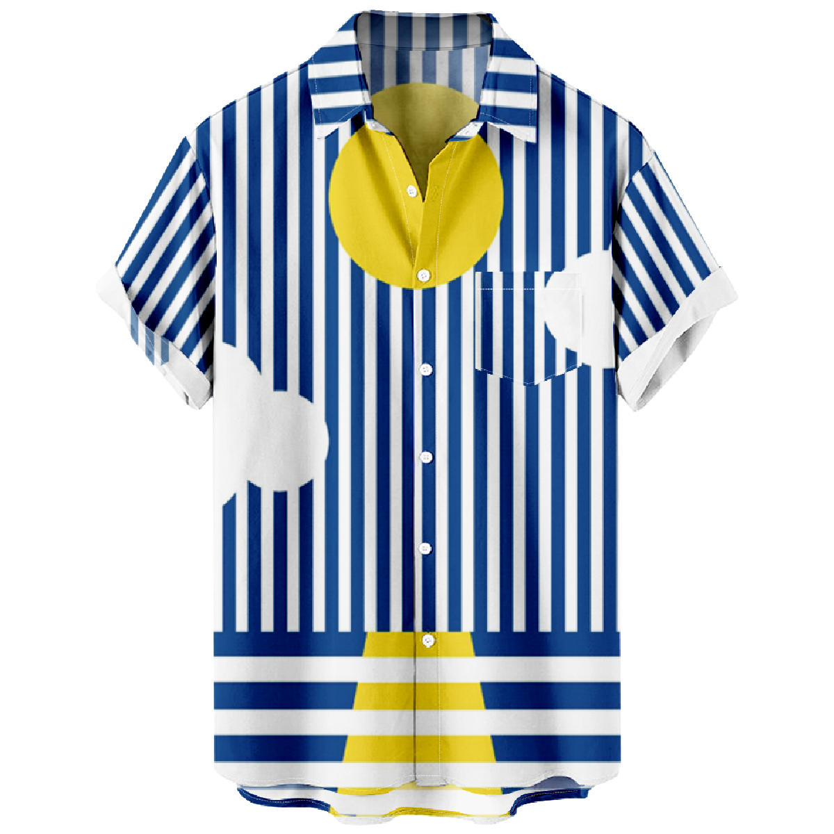 Men's Striped Short Sleeve Shirt Sun and Sea Graphic Print Button Shirt Summer Tops