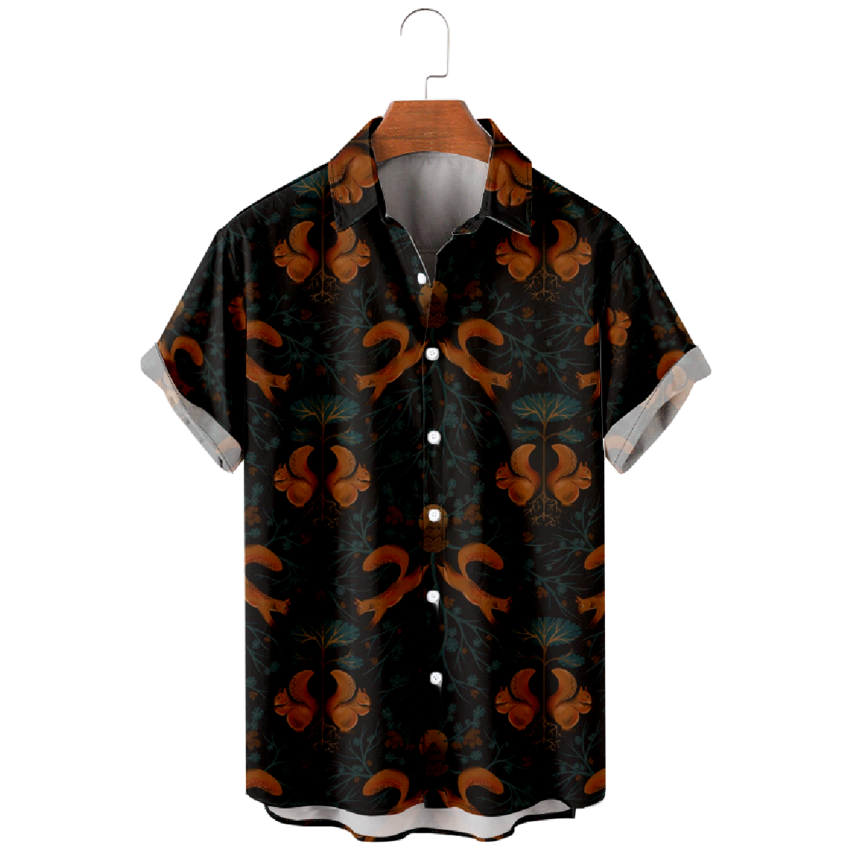 Cute Squirrel Print Button Up Shirt Mens Short Sleeve Shirt Regular Fit Straight Collar