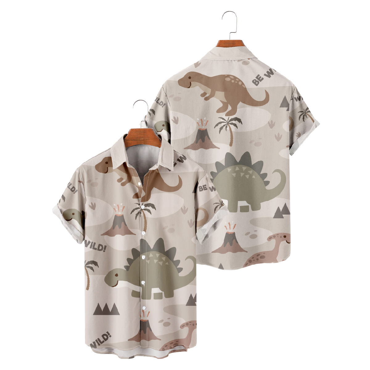 Mens Khaki Dinosaur Shirt Short Sleeve Button Shirt Hawaiian Shirt