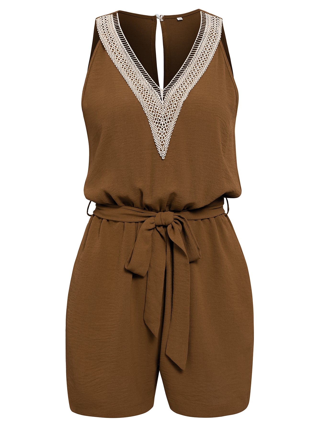 Women Lace V Neck Tie Front Romper Sleeveless