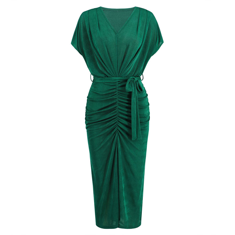 Women Formal Wrap Dress Short Sleeves Bodycon V-Neckline