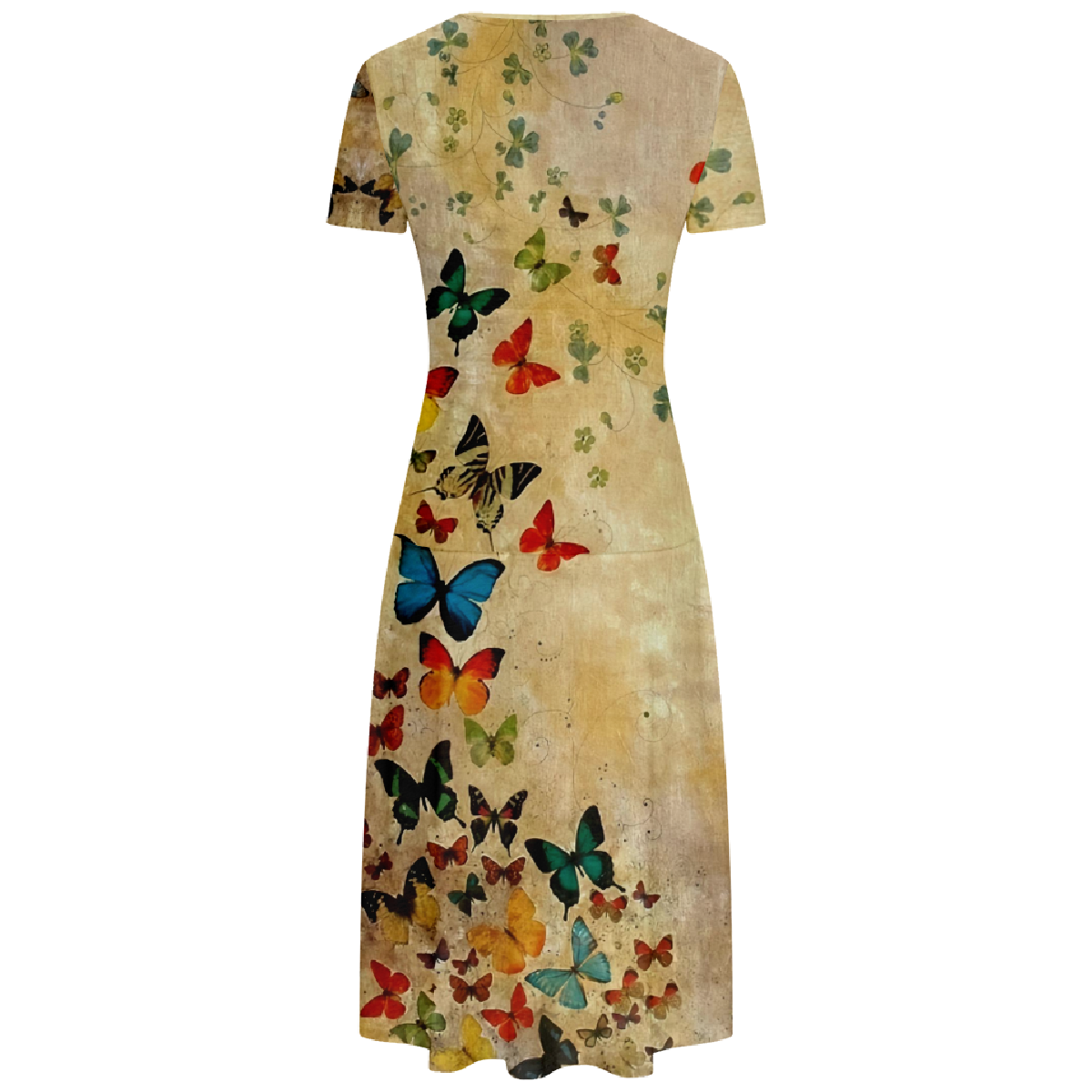 Women Butterfly Retro Bodycon Dress V Neck Short Sleeve Summer Long Dress