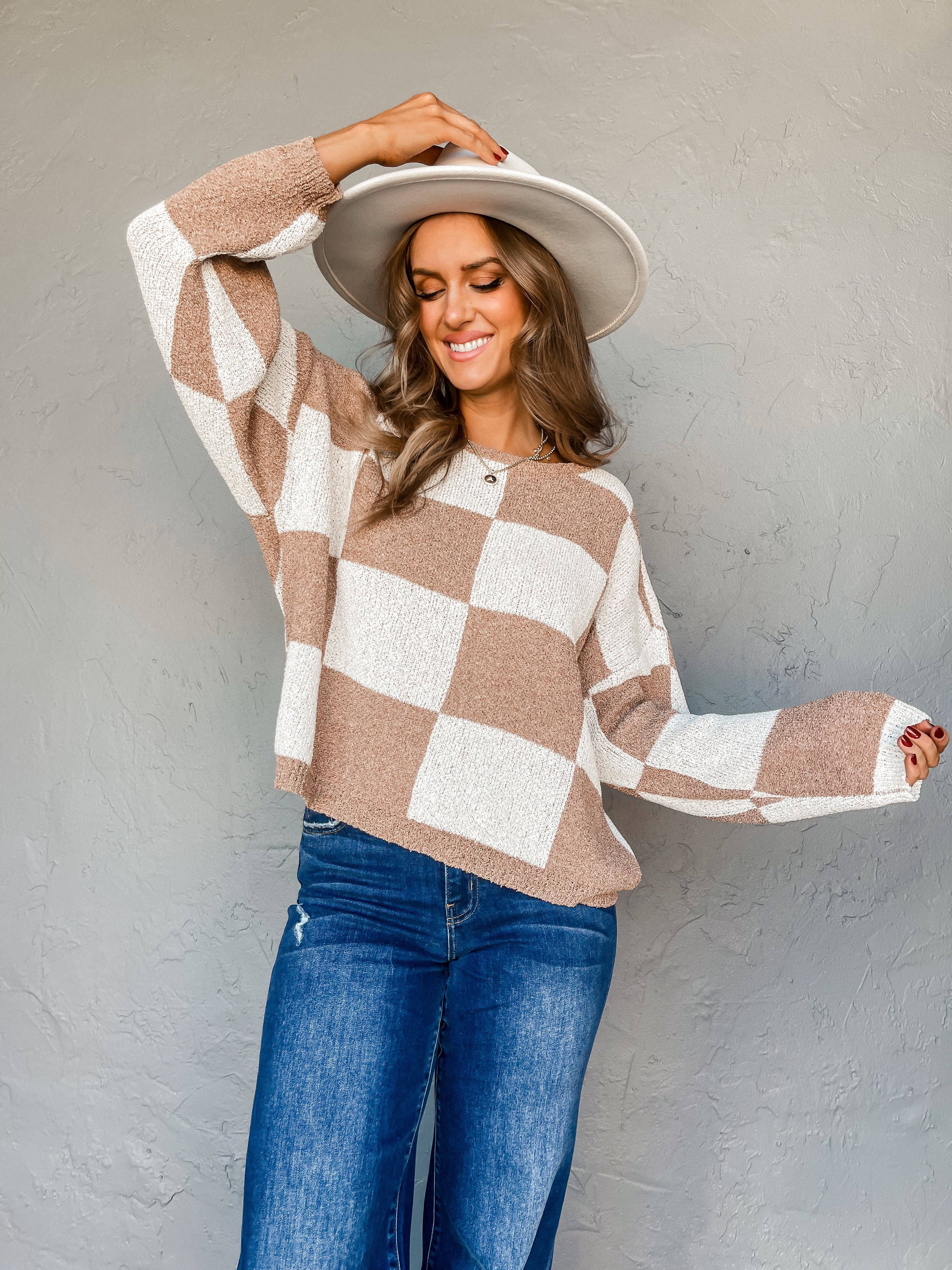 Perfect Mix Checkered Sweater-Brown