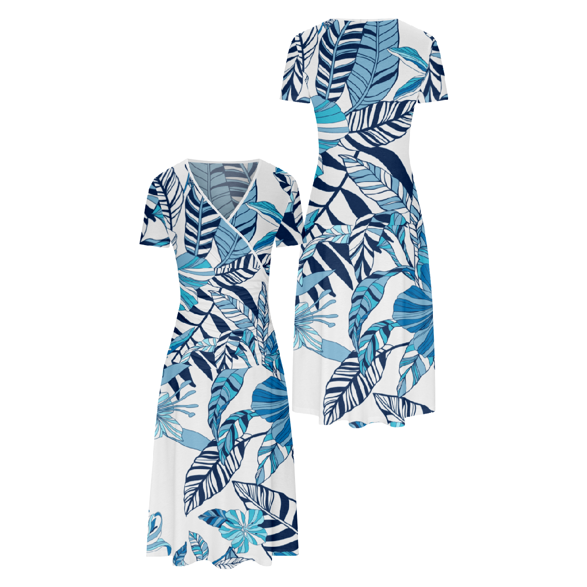 Women Tropical Leaf Print Bodycon Dress Summer Dress V Neckline Short Sleeve