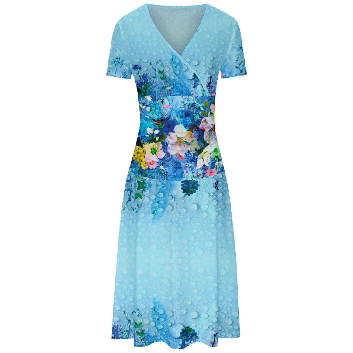 Women Flower Waterdrop Print Bodycon Dress Asymmetrical V-Neckline Short Sleeve