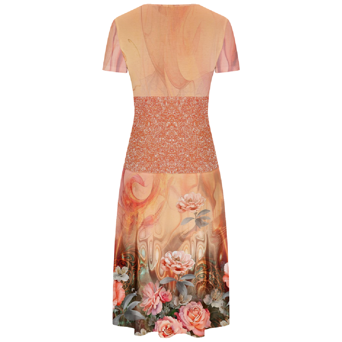 Rose Flower Print Bodycon Dress Women Pink V-Neck Dress Short Sleeve Dress