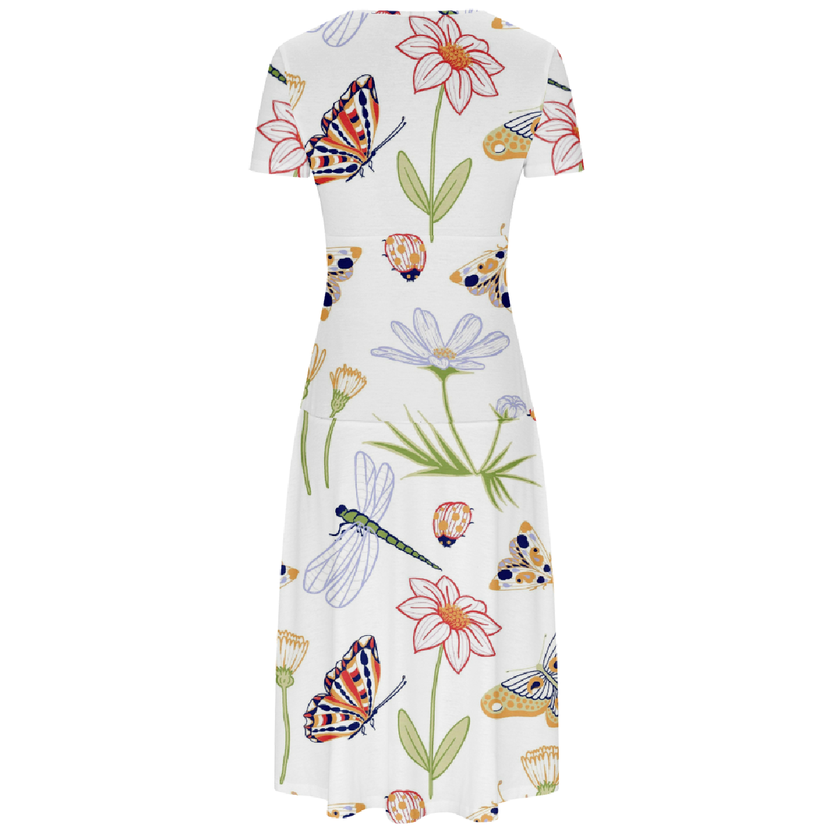 Women Butterfly Dragonfly Print Summer Bodycon Dress V Neckline Short Sleeve