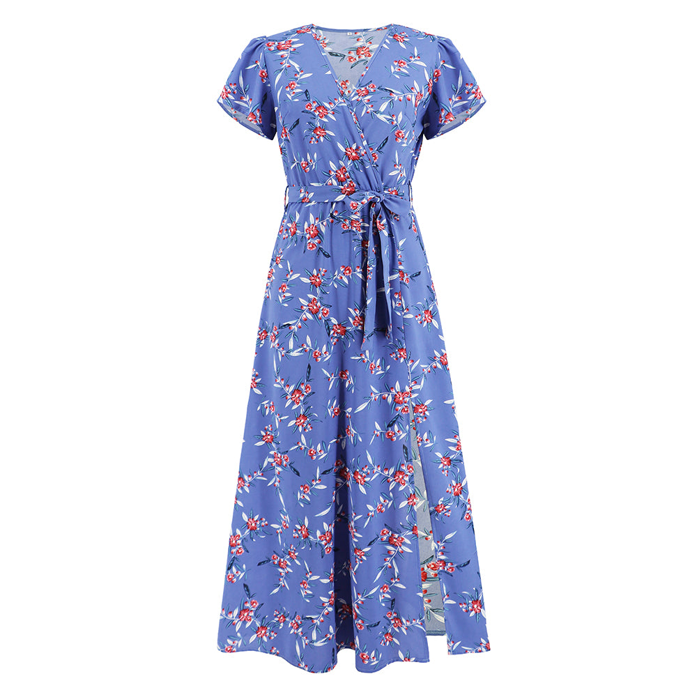 Women Short Sleeve Split Thigh Floral Long Dress V-Neckline