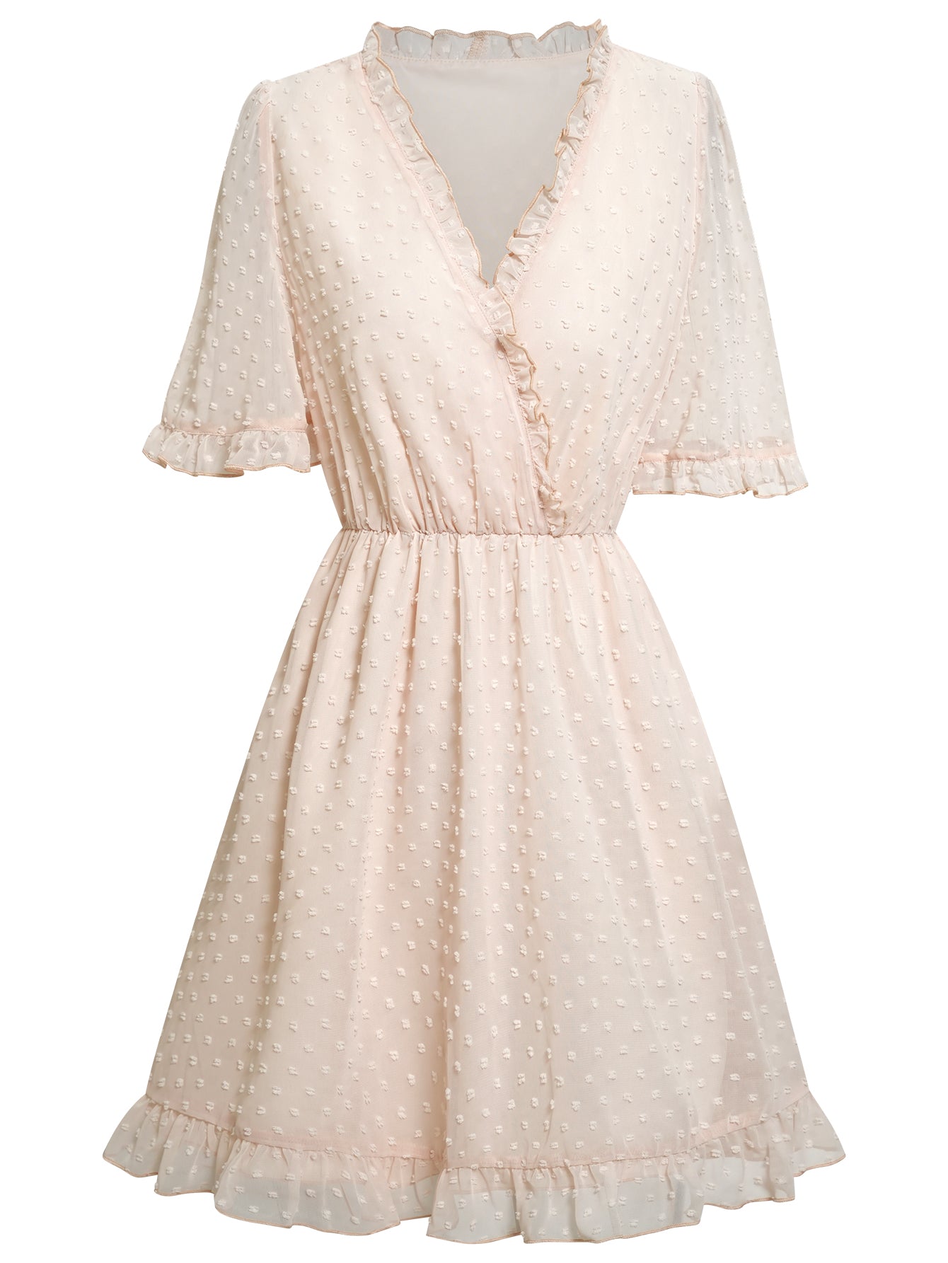 Women Swiss Dot Puff Sleeve Dress Frill Trim Surplice Skirt