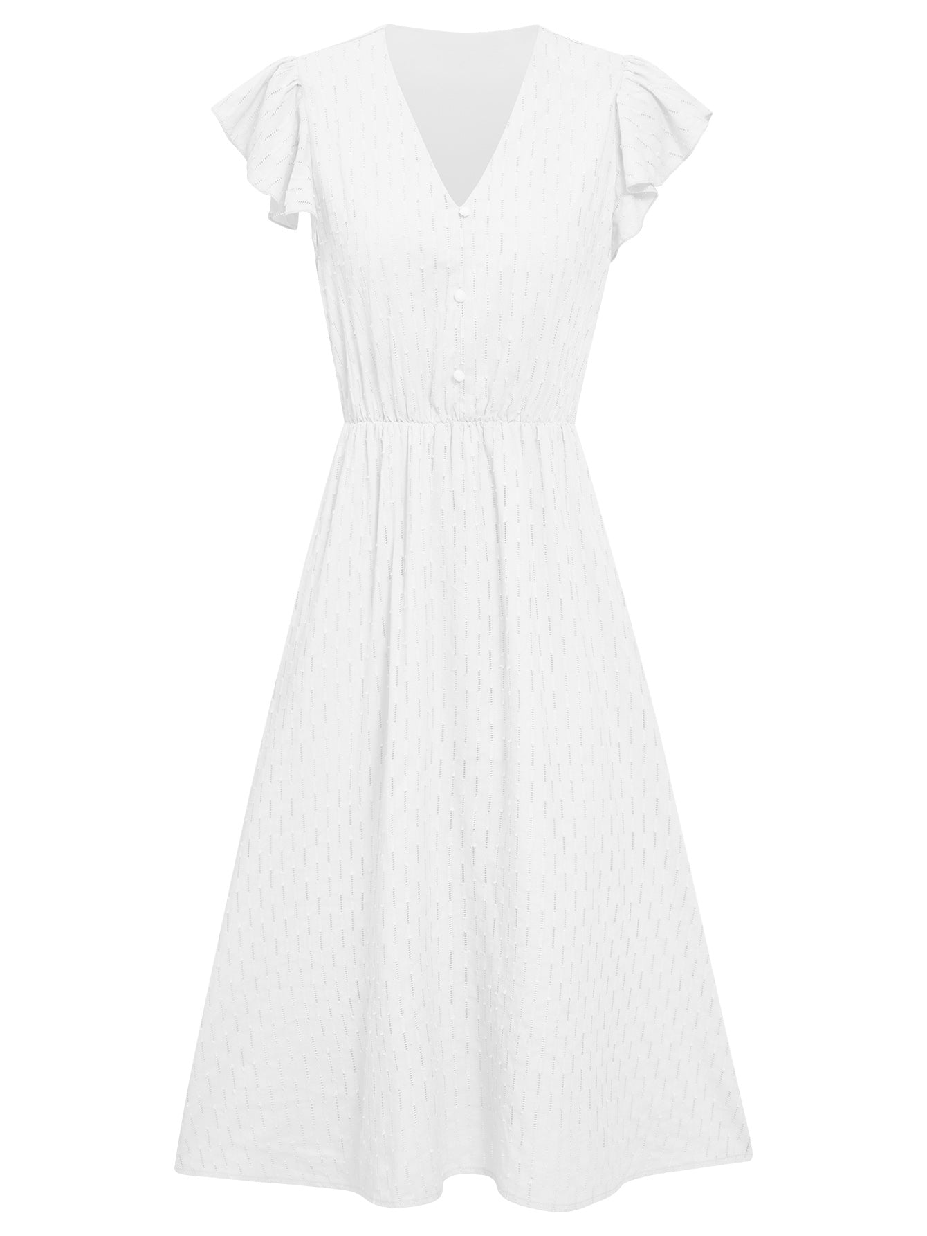 Women Button Down A Line Dress Ruffle Sleeve V-Neckline