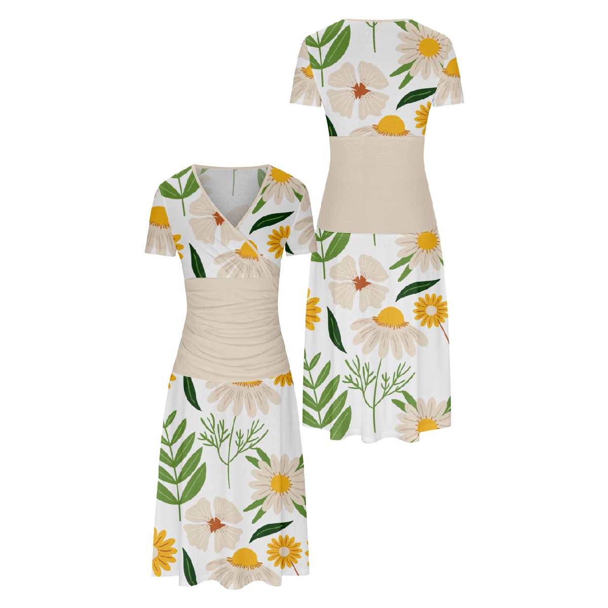 Women Floral Print Bodycon Dress Short Sleeve V-Neckline Dress