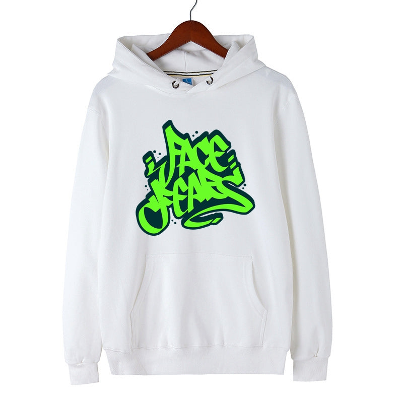 Graffiti Hoodie Letter Face Fears Print Pullover for Men Green Letter Print Tops