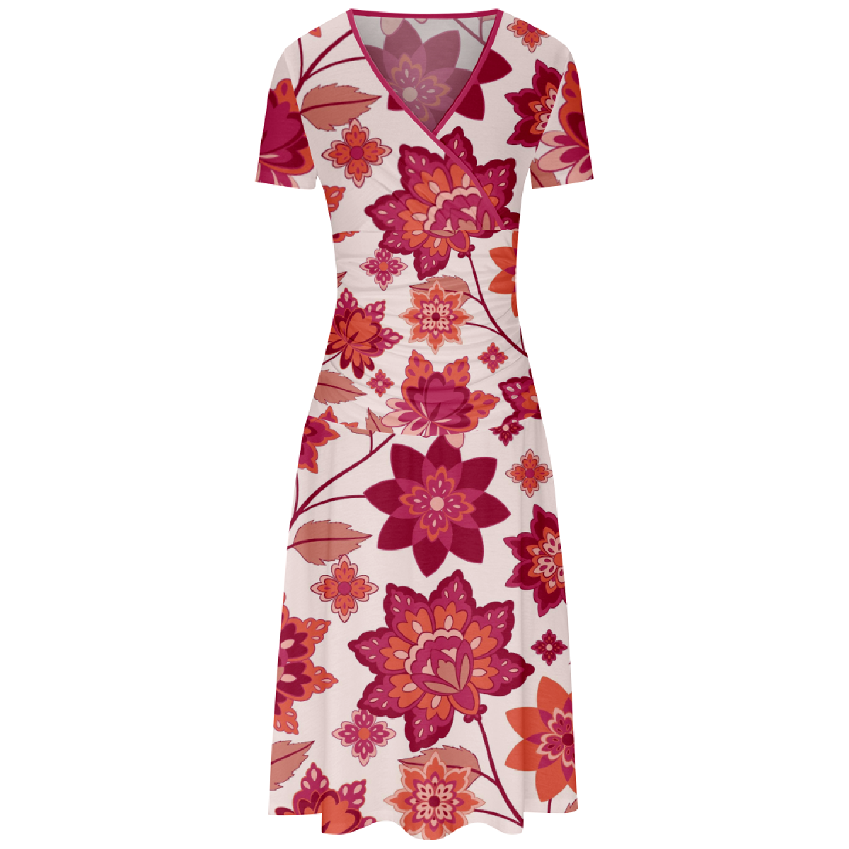 Red Flower Print Dress Women Allover Flower Pattern Print Dress V Neckline Short Sleeve