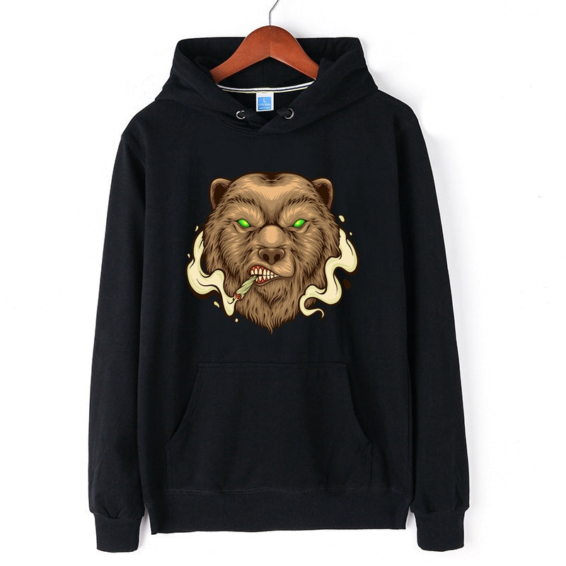 Men's Bear Hoodie Green Eyes Bear Graphic Print Sweatshirt Cotton Merch