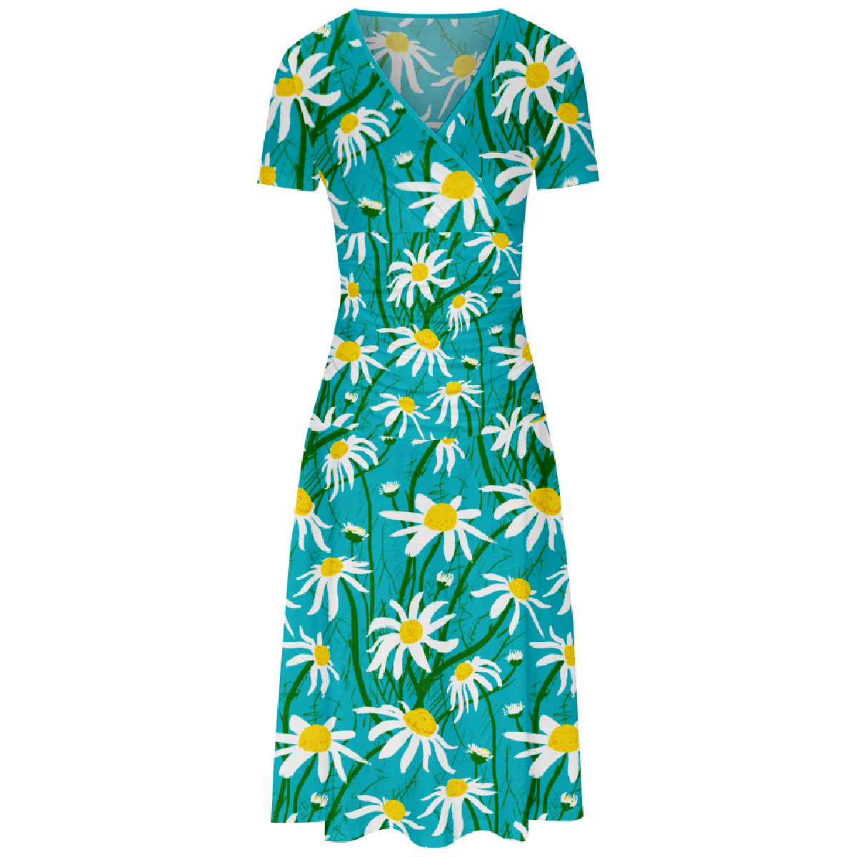 Women Daisy Long Dress Slim Waistline V-Neck Short Sleeve Allover Print Dress Casual