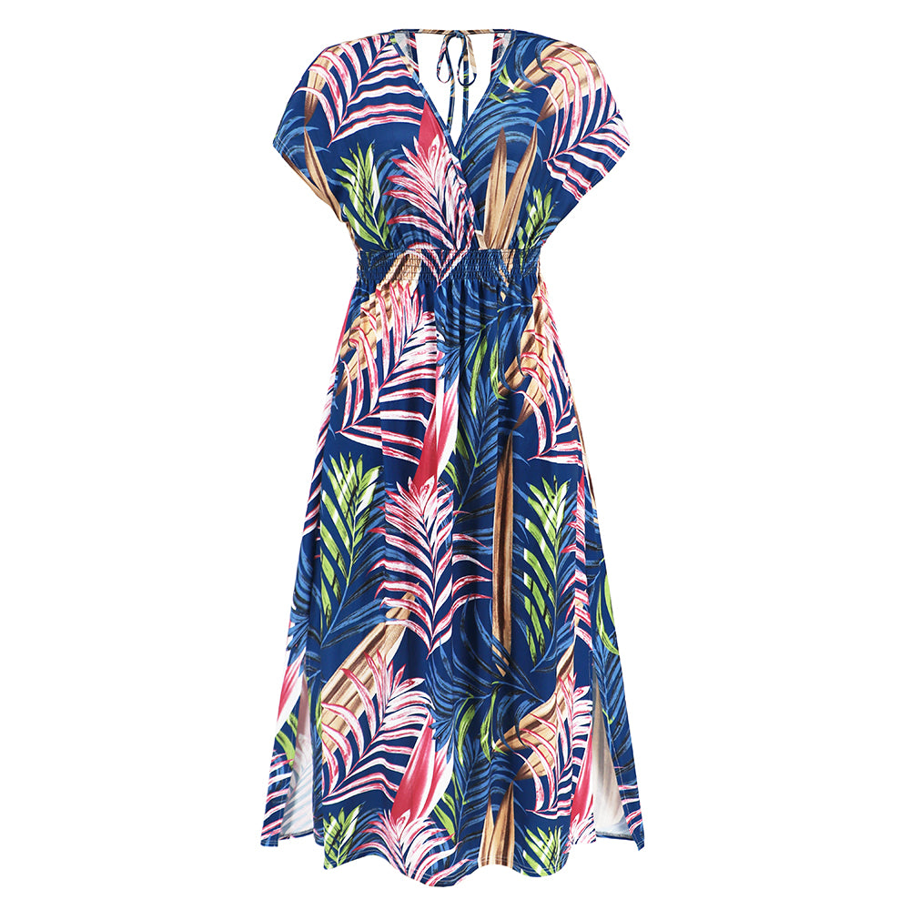 Women Tropical Sundress Short Sleeves Maxi Dress V-Neckline