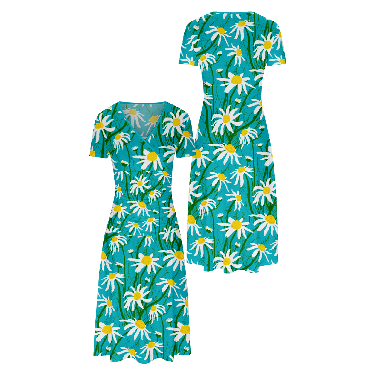 Women Daisy Long Dress Slim Waistline V-Neck Short Sleeve Allover Print Dress Casual