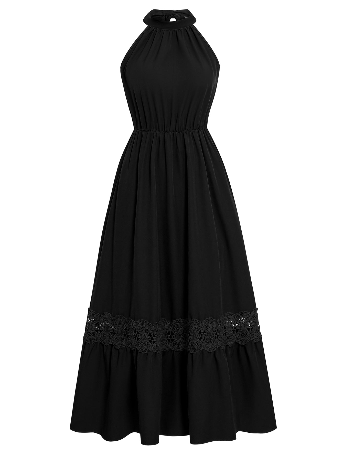 Women Halterneck Sleeveless Long Dress Lace HEM High Waist