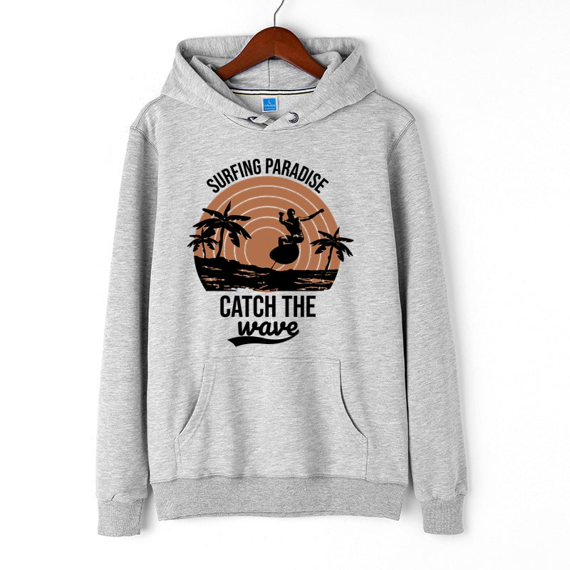 Surfing Paradise Graphic Print Hoodie Catch the Wave Letter Print Pullover for Men