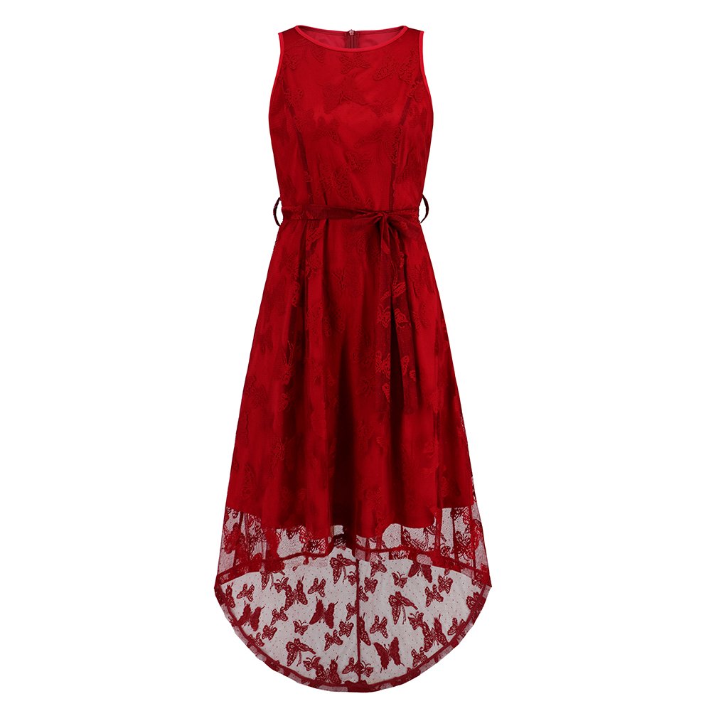 Women Butterfly Lace Sleeveless Tie Front Dress Lace-Mesh Irregular Sundress