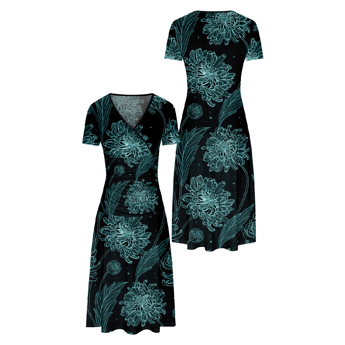 Chrysanthemum Long Dress Slim Waistline V-Neck Short Sleeve Allover Print Dress Casual