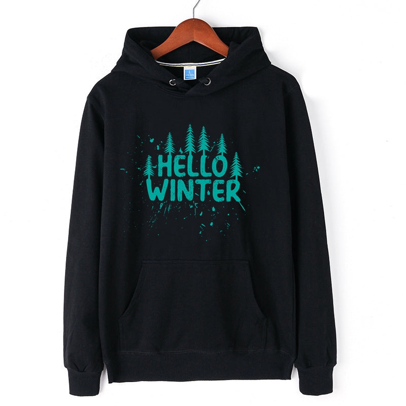 Hello Winter Hoodie Snow and Forest Graphic Print Sweatshirt Cotton Merch