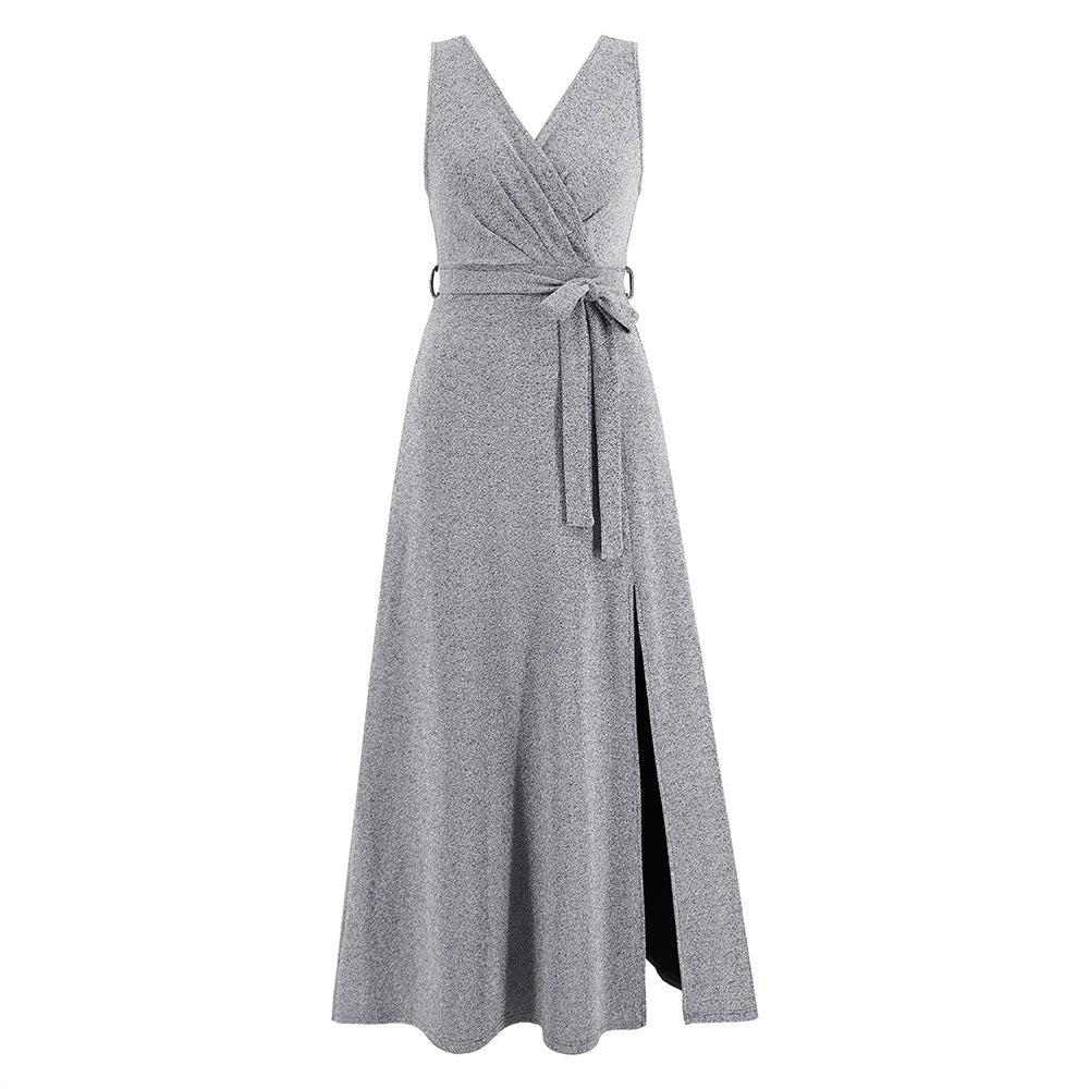 Women Split Thigh Long Dress Sleeveless V-Neckline Wrap Dress