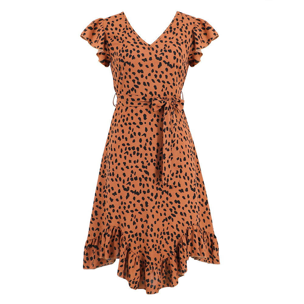 Women Polka Dot Dress Short Sleeves  V-Neckline Wrap Dress