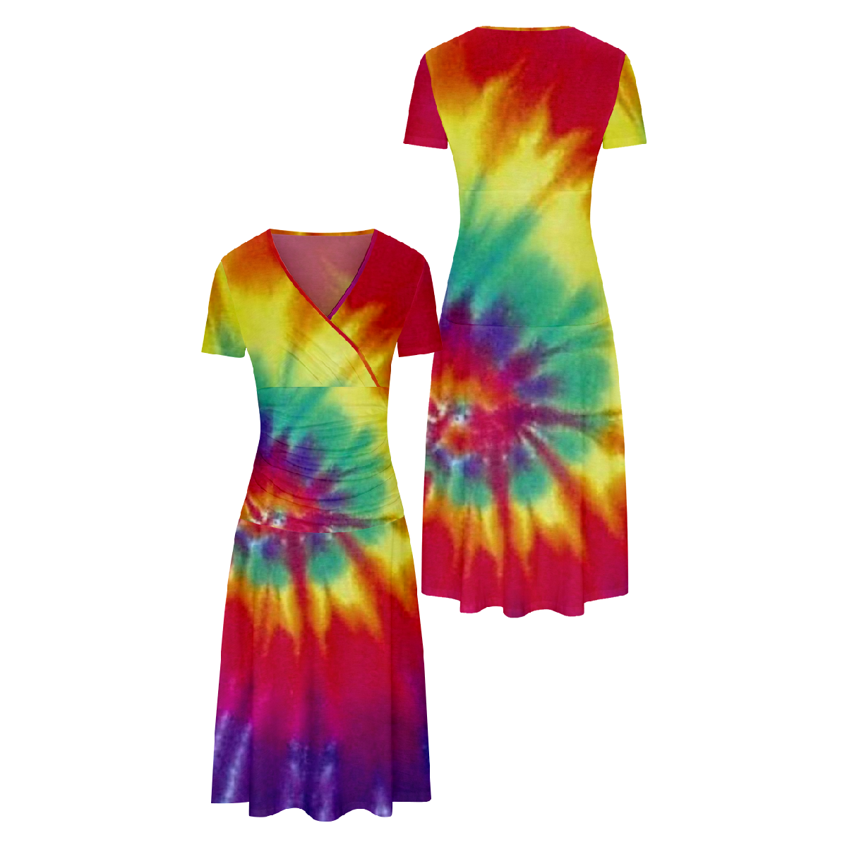 Women Tie Dye Bodycon Long Dress Short Sleeve V-Neckline Dress