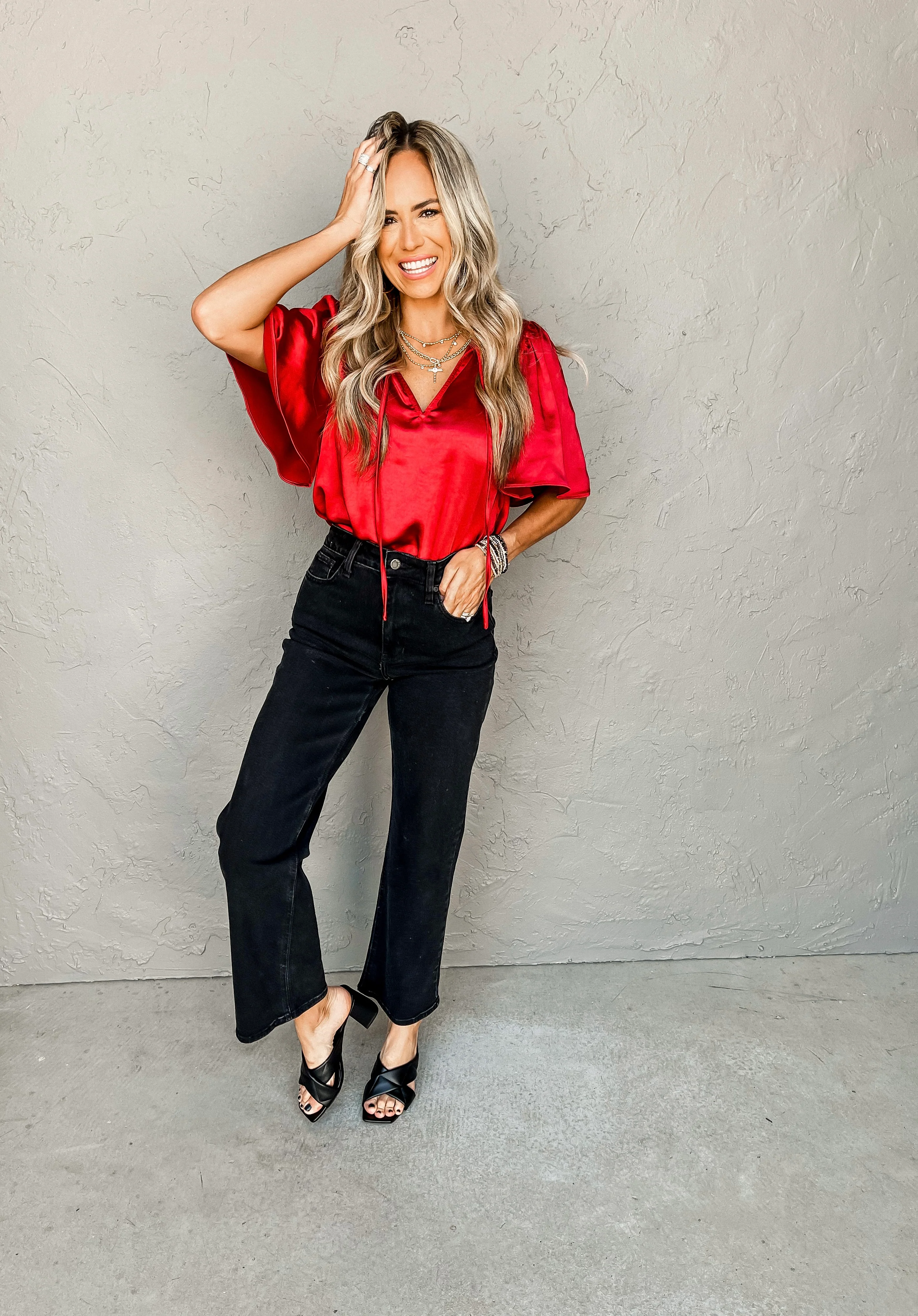 Tried And True Satin Split Neck Top-Cherry