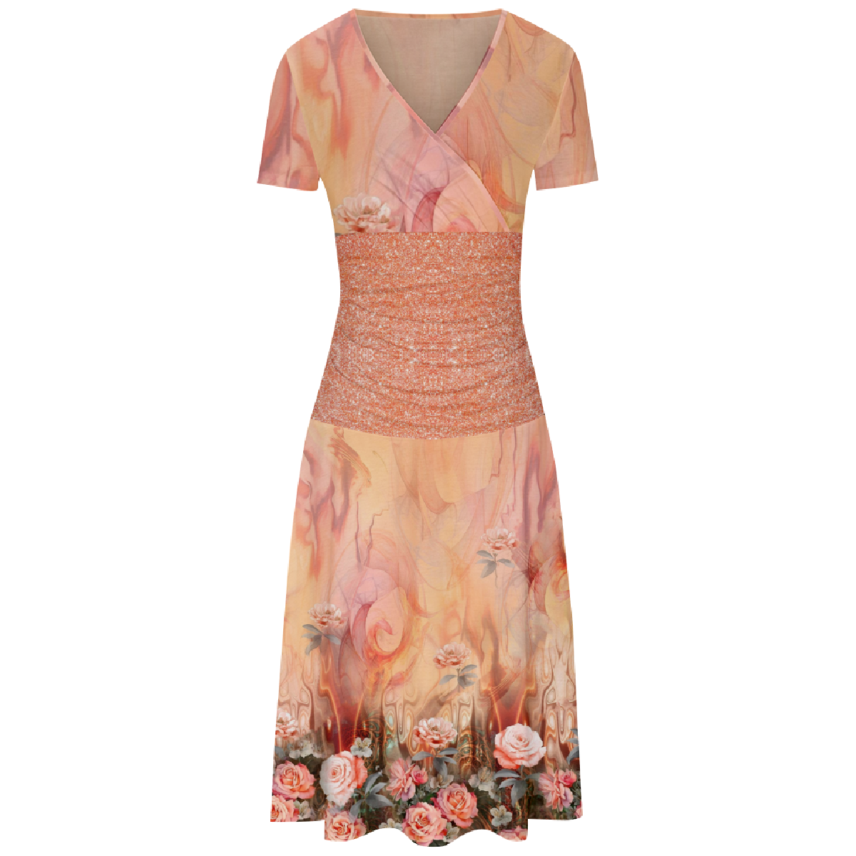 Rose Flower Print Bodycon Dress Women Pink V-Neck Dress Short Sleeve Dress